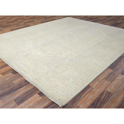 8'1"x9'5" Cream White, Densely Woven, White Wash Peshawar with Bakshaish Design, Hand Knotted, Pure Wool, Oriental Rug
