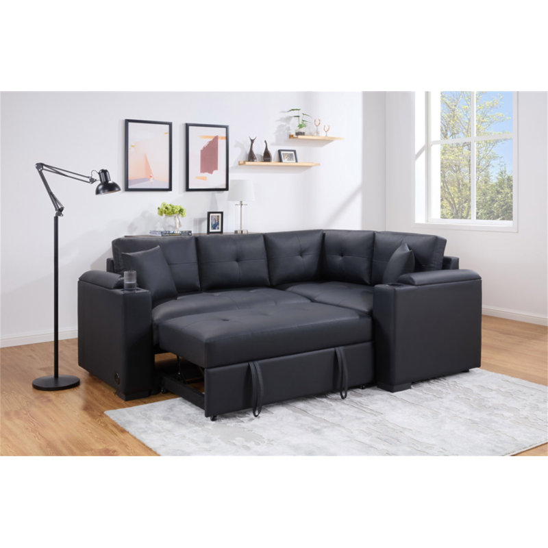 Canapé-lit modulaire en tissu PVC noir avec chargeur USB, porte-gobelets, accoudoirs de rangement l 84,5 po Donovan