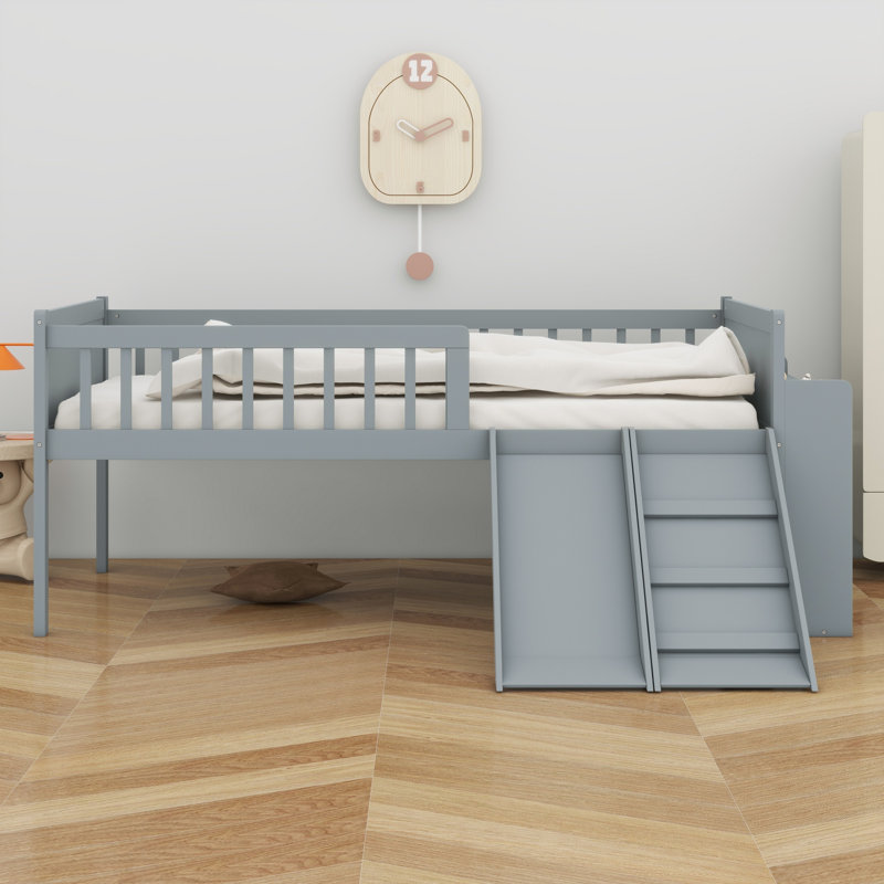 Children Platform Bed with Guardrail, Slide & Storage Shelves, Gris