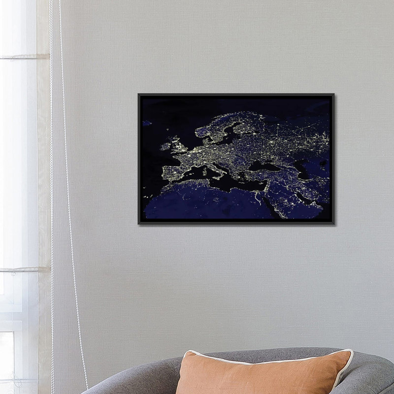 «Europe at Night, Image satellite», reproduction d'art sur toile encadrée, 26" x 18", Framed Canvas, Black