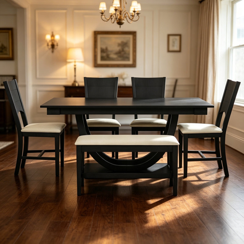Ensemble de 6 tables de salle à manger en bois 6 pièces avec banc long et 4 chaises, Gris