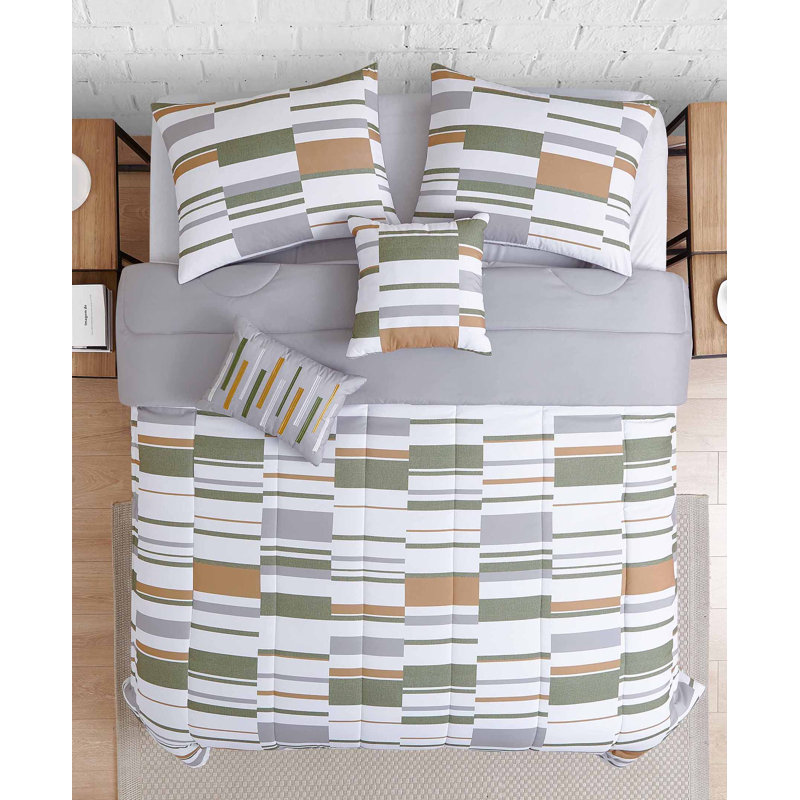 Ronald Modern & Contemporary Percale Channel Geometric Shapes Comforter, Full/Double Comforter + 2 Shams + 2 Throw Pillows