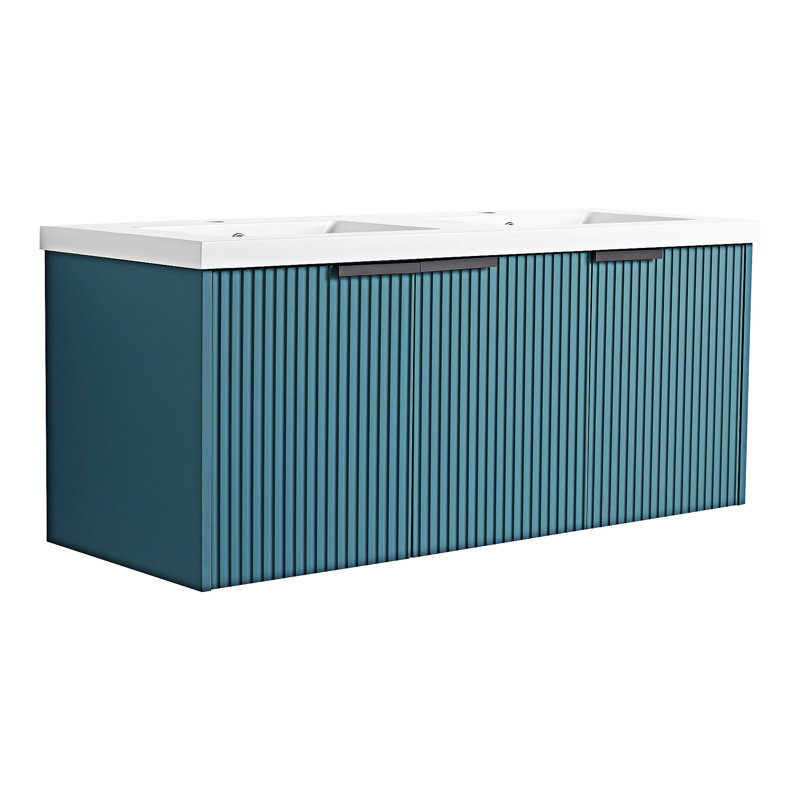 Meuble-lavabo mural avec lavabo double en résine, Bleu lac