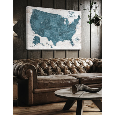 Large Vintage Teal USA Map Wall Art, Push Pin USA Map to Track Your Travels, Farmhouse Style Canvas Wall Decor for Home, Office, Living Room or RV, Ready to Hang, Made in USA