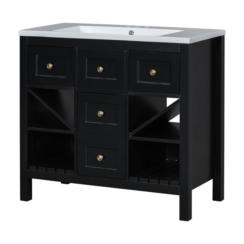 Ensemble de meuble-lavabo 36 po avec lavabo en résine, armoire de rangement en bois massif, ensemble de meuble-lavabo autoportant avec 5 tiroirs et portes à fermeture douce