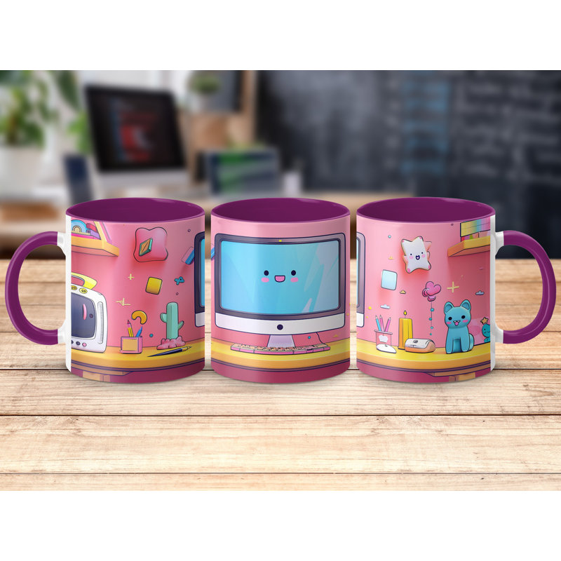 Kids Drawing Style 11oz Accent Mugs – Ceramic Coffee Cup with a Purple Handle and Interior