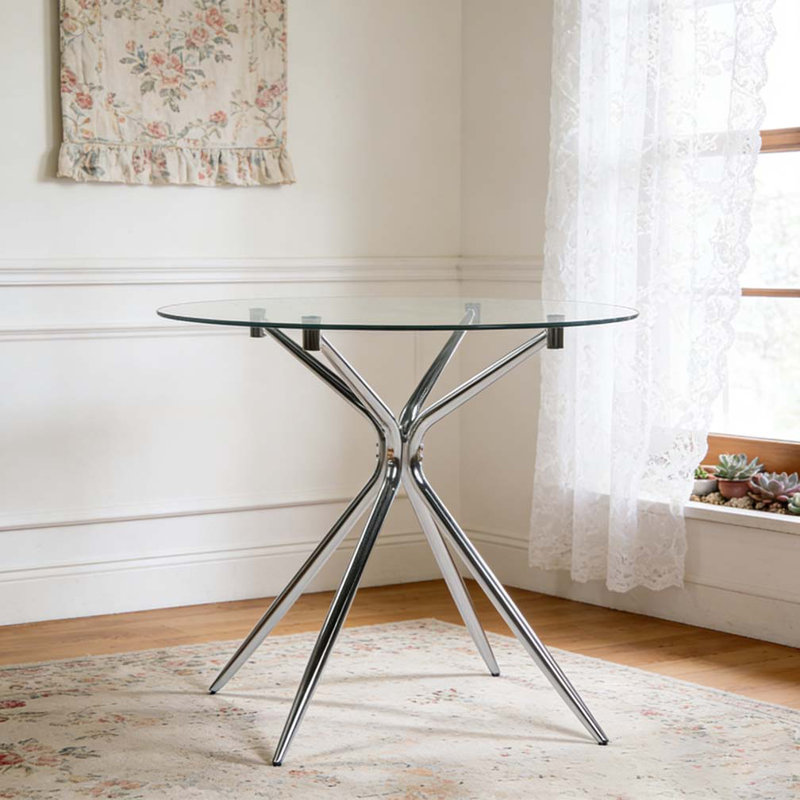 Table de salle à manger avec pieds en métal chromé et verre trempé, Argent