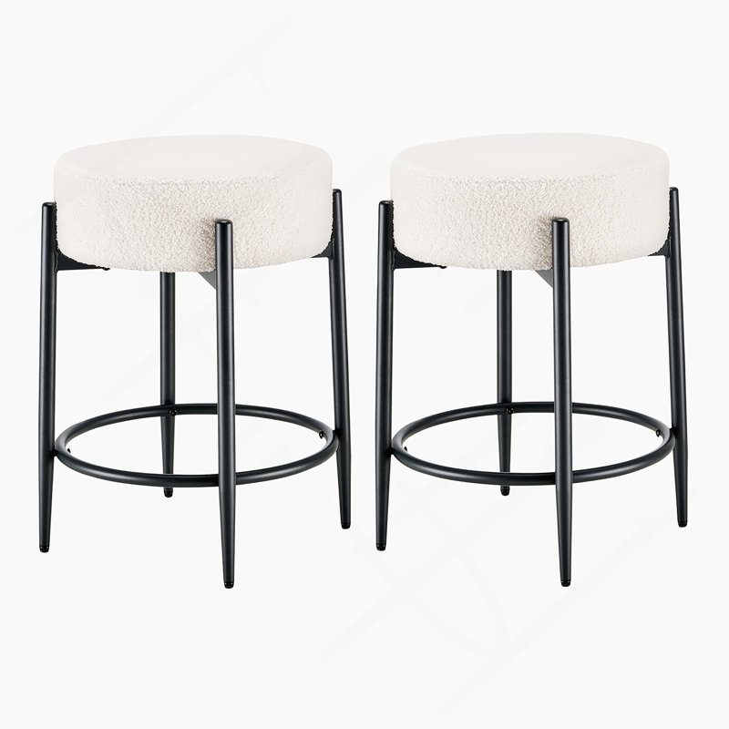 Mid-Century Modern Chair Set of 2 - 23.6" Backless Kitchen Stools with White Boucle Upholstery & Sturdy Metal Base, White, 2