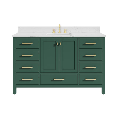 Meuble-lavabo de 54 po en bois massif vert avec lavabo intégré et armoire de rangement