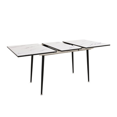 Modern Industrial Square Dining Table, 47" Expandable To 63", White Marble , Stable Black Metal Construction For A Long-lasting Table Extendable Look, Legs 2 - 6