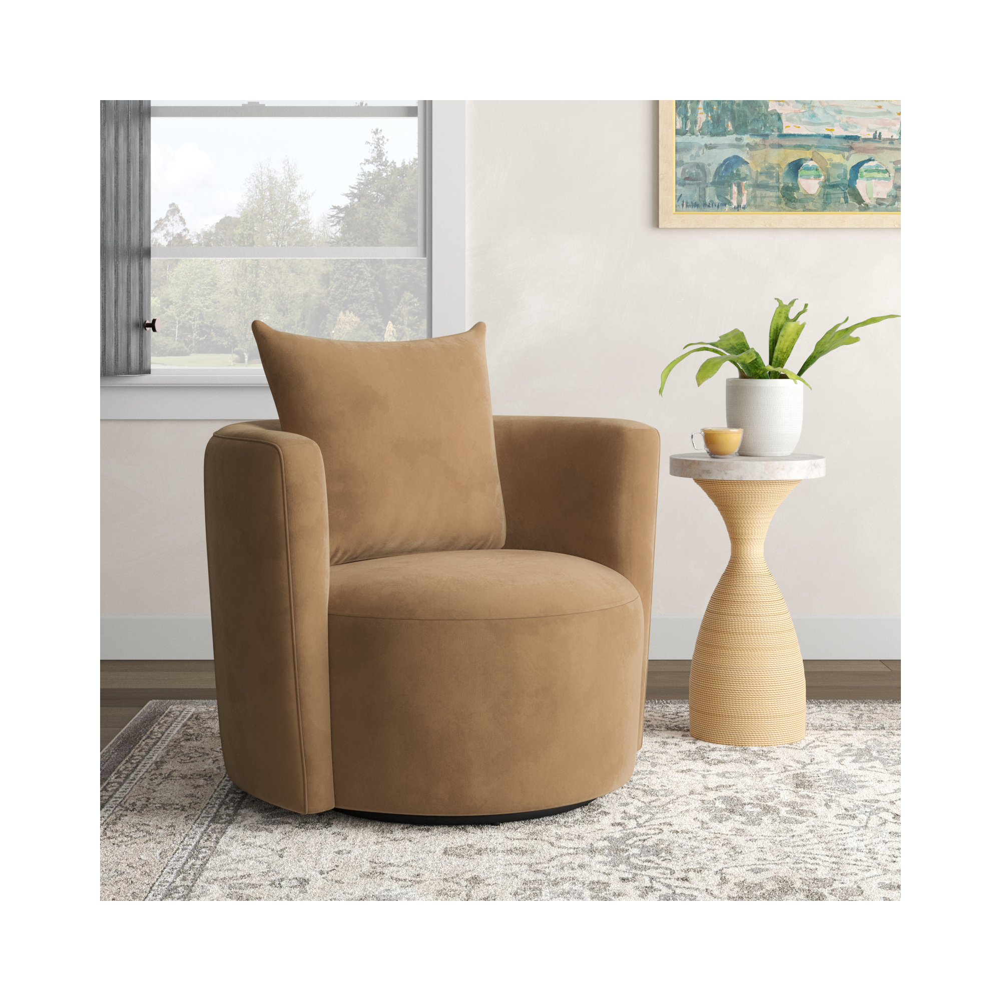 Noblestown Upholstered Swivel Barrel Chair, Bella Buckwheat Performance Velvet