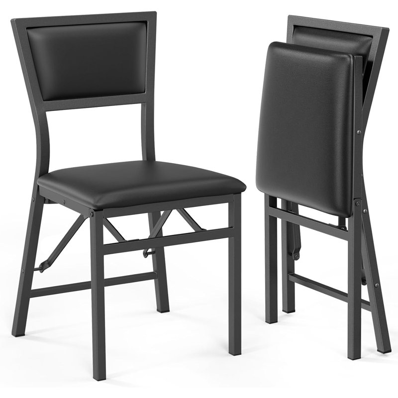 2Pcs Set Square Black Folding Dining Chairs 17.32"18.9"31.5" Iron Frame + PU Cushion