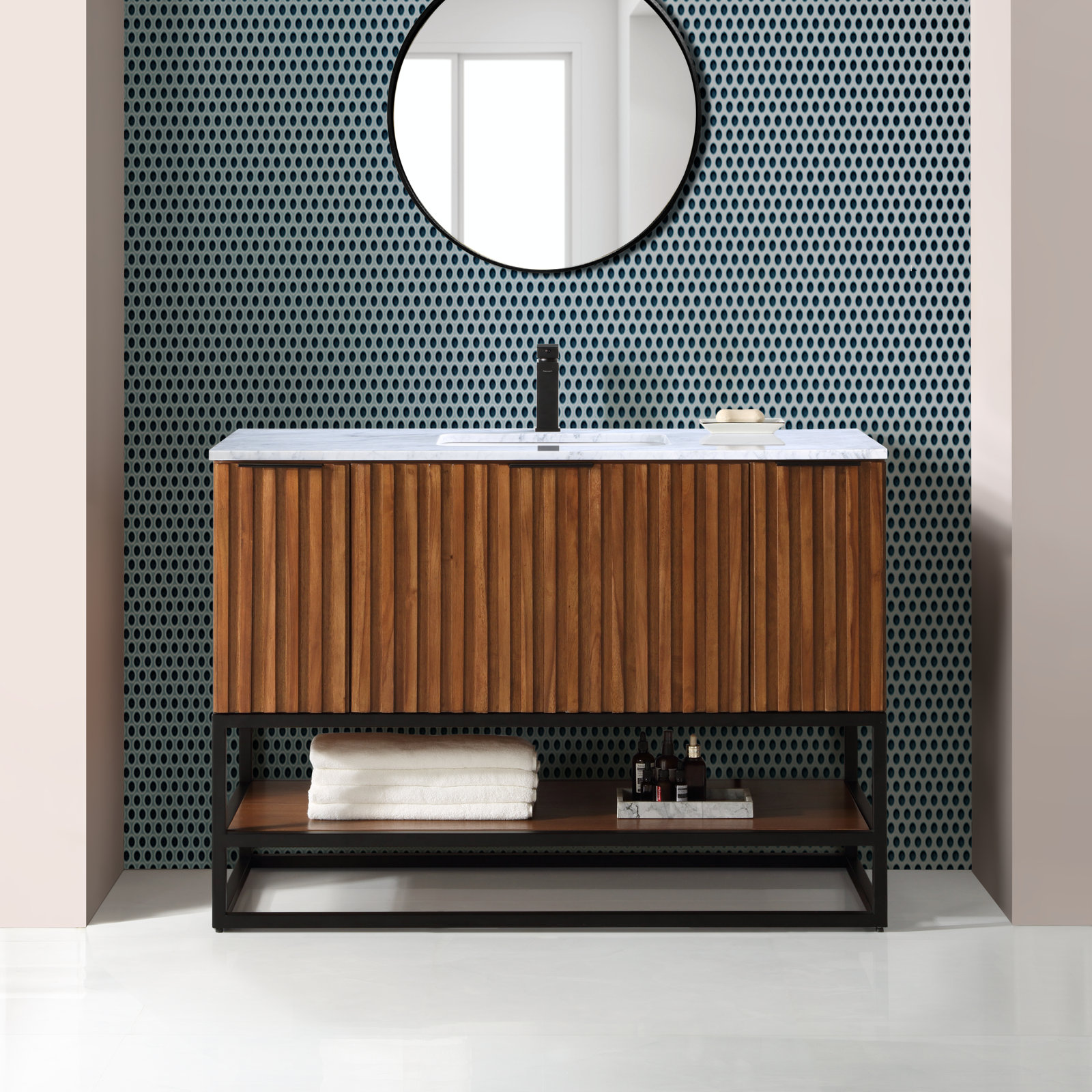 Terra 48'' Single Bathroom Vanity, Carrara Marble/Single Faucet Mount, Walnut, Matte Black