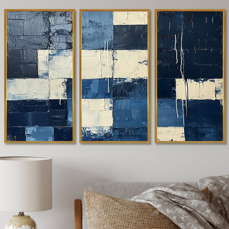 Cubiste carré bleu royal et blanc - ensemble de décorations murales abstraites, Cadre flottant doré