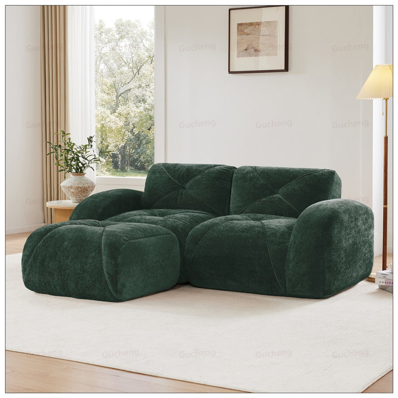 Canapé en L sans os avec tissu en velours doux, conception capitonnée, éponge haute densité et repose-pieds mobile pour une utilisation polyvalente