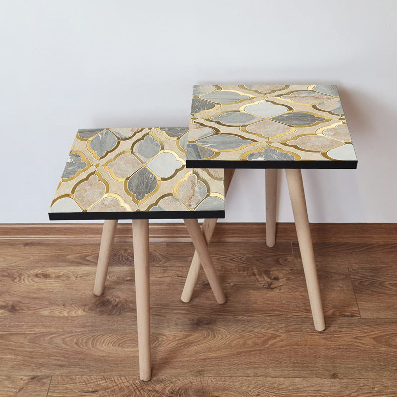 Modern Nesting Table Set (2 Pieces), Beige & Gold with Grey Accents, 13.8 x 18.5 x 13.8 in (Large) & 13.8 x 16.5 x 13.8 in (Small) | 100% MDF with Beech Wood Legs | Stylish Geometric Design for Living Room & Office