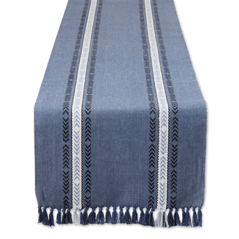 Blue Striped Cotton Table Runner with Fringe, 14x72