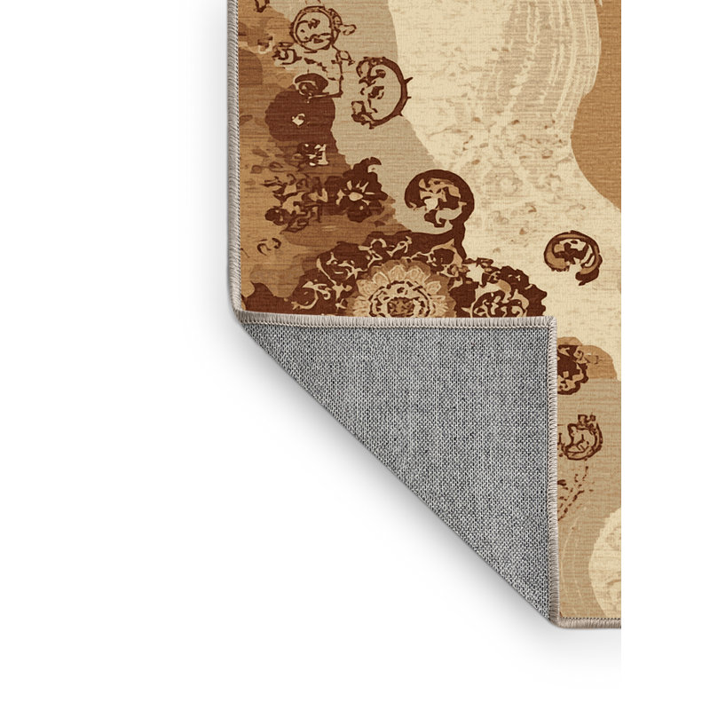 Tapis oriental ovale classique lavable à la machine en brun - reliure beige, 3 X 5