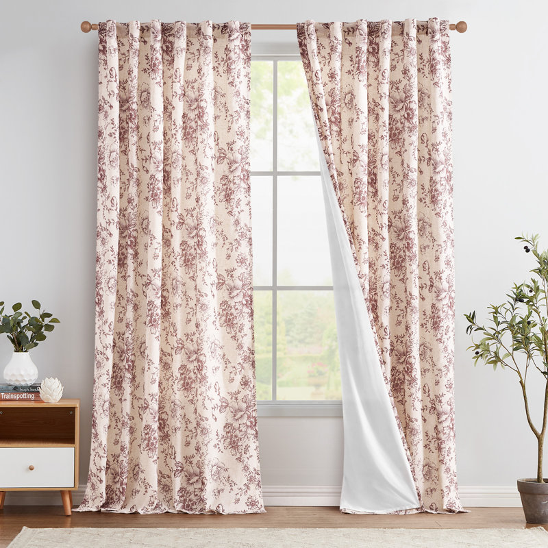 Linen Blackout Peony Flower Printed Rod Pocket Curtain Pair, 50" W x 84" L, Red