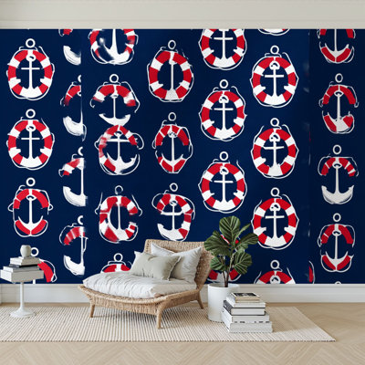 Papier peint adhésif auto-adhésif moderne pour la chambre à coucher, avec ancre nautique, bleu marine, rouge et blanc