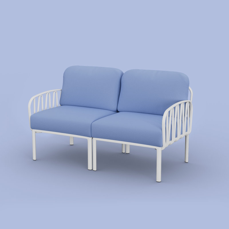 Canapé de patio en résine avec coussins, Blanc / Bleu