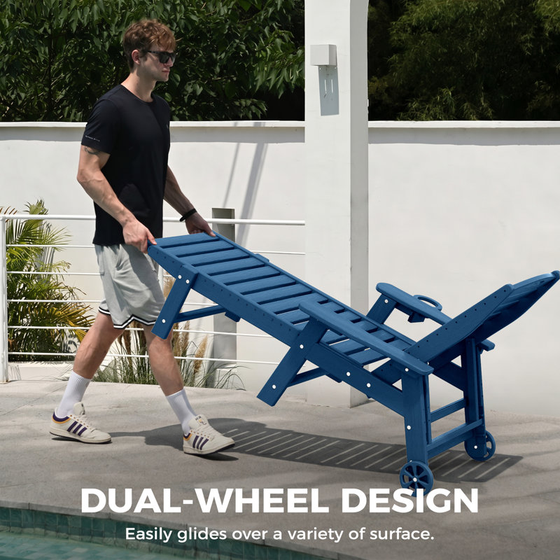 Outdoor HDPE Reclining Lounge Chaise With Wheels & Cup Holder, Navy Blue