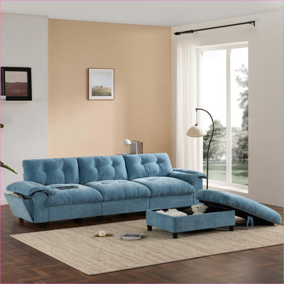 Canapés modulaires | Canapé moderne en forme de L à 4 places pour salon | Repose-pieds avec rangement, chargement USB | Chenille | Bleu clair