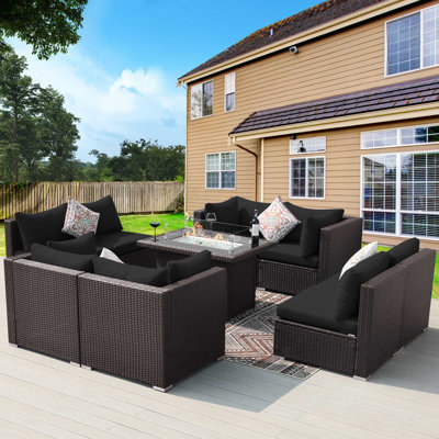 Ensemble de conversation pour patio pour 8 personnes avec table de foyer et coussins, ensemble de conversation modulaire à assise profonde