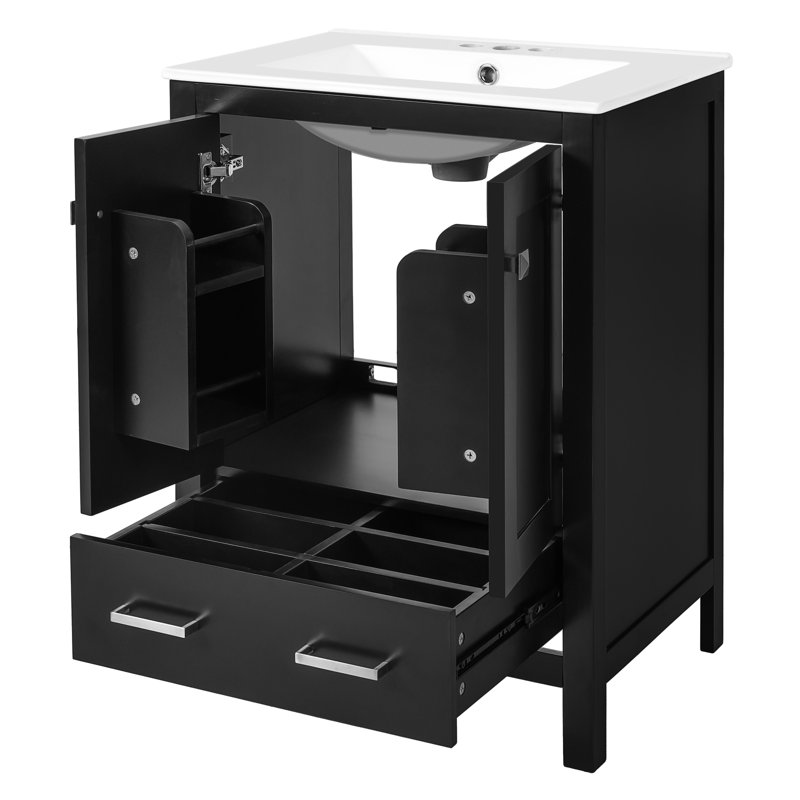 Meuble-lavabo de 24 pouces avec lavabo à griffes, rangement à double porte, tiroir, tablette à couches et fonction de fermeture en douceur pour les salles de bain en céramique 2 portes, 1 petit espace