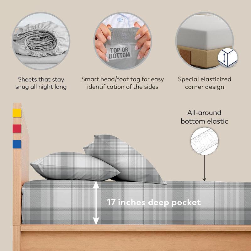 100% Cotton Lightweight Percale Weave Sheet Set, King Sheet Set with 2 Pillowcases, Hudson Plaid Gray Plaid