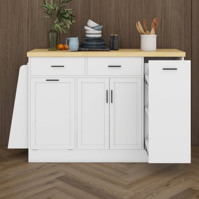 58" Kitchen Island, Sideboard Buffet Cabinet With Sliding Door & 3-Tier Spice Rack, Tilt Out Trash Bin Holder, Free Standing Coffee Bar