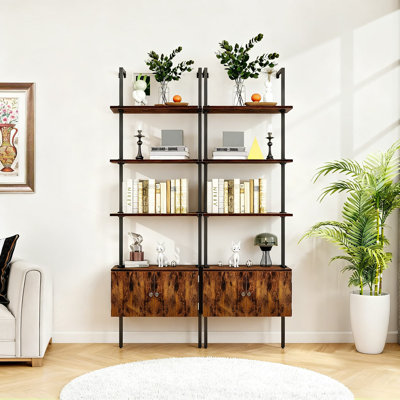 Industrial Floating Bookshelf With Cabinet - 4-Tier Wall Mounted Storage Shelf For Living Room, Bedroom, Home Office