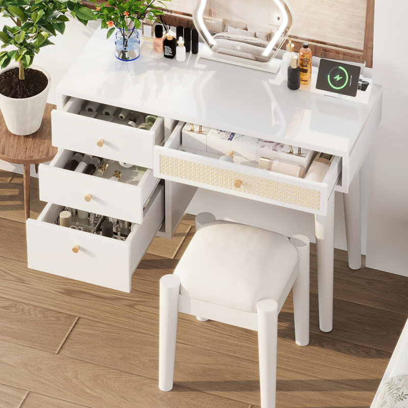 Coiffeuse 39 po avec tabouret - blanc, 4 tiroirs, bohème rétro, prise de charge et fonction de tiroir de rangement blanc stable