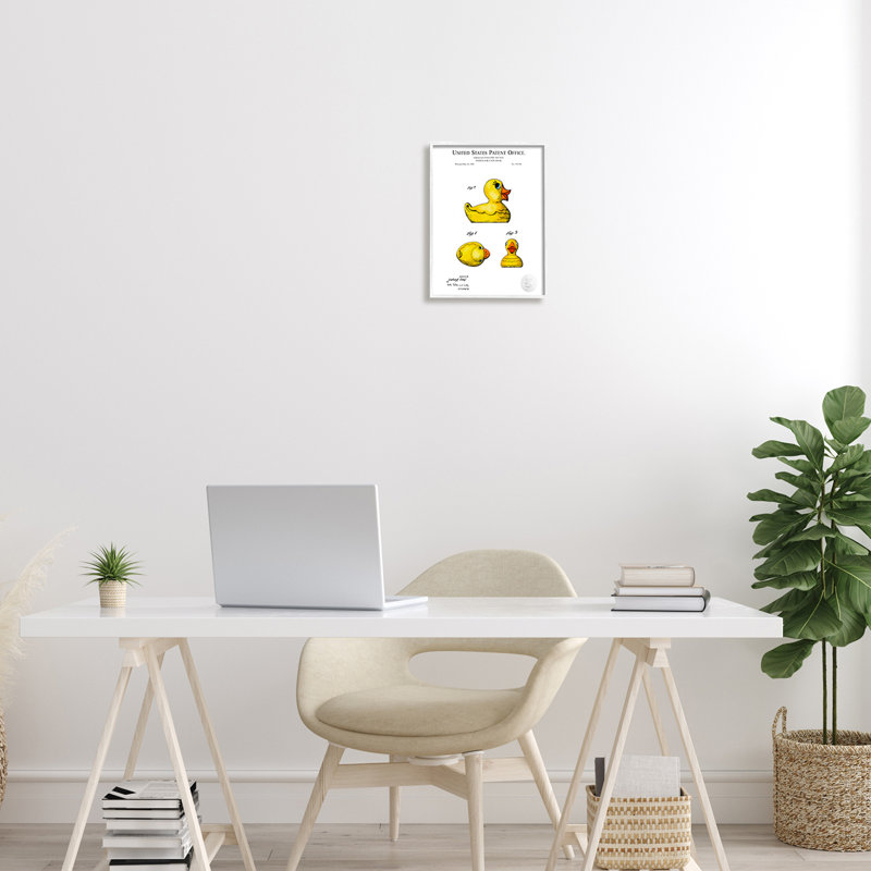 Schéma de conception de jouet canard en caoutchouc jaune, L 11 po x H 11 po, Giclée encadrée blanc bord de mer