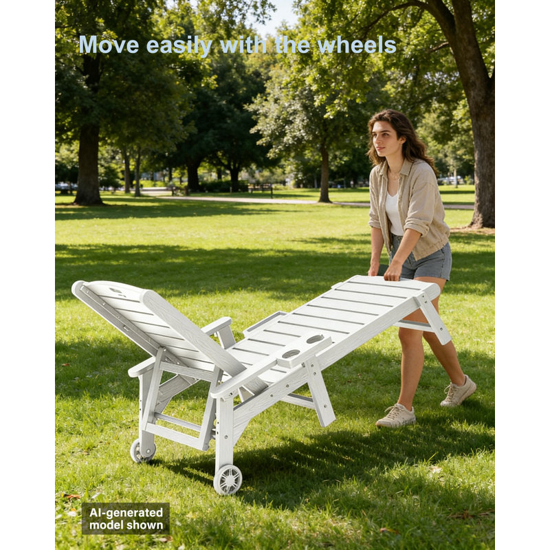 Outdoor Chaise Lounge Chair, All Weather HIPS Patio Lounge Chair with Cup Holder and Armrest for Outside, Beach, Pool, Deck, White