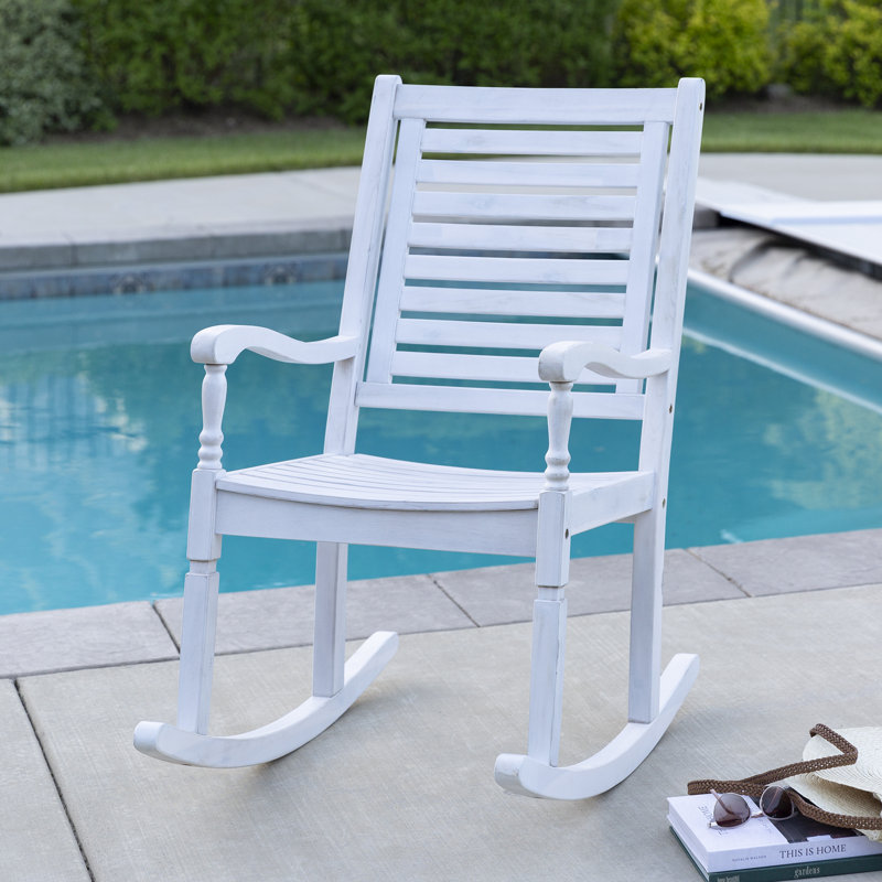 Chaise berçante d'extérieur en bois massif Raiah, Blanc délavé