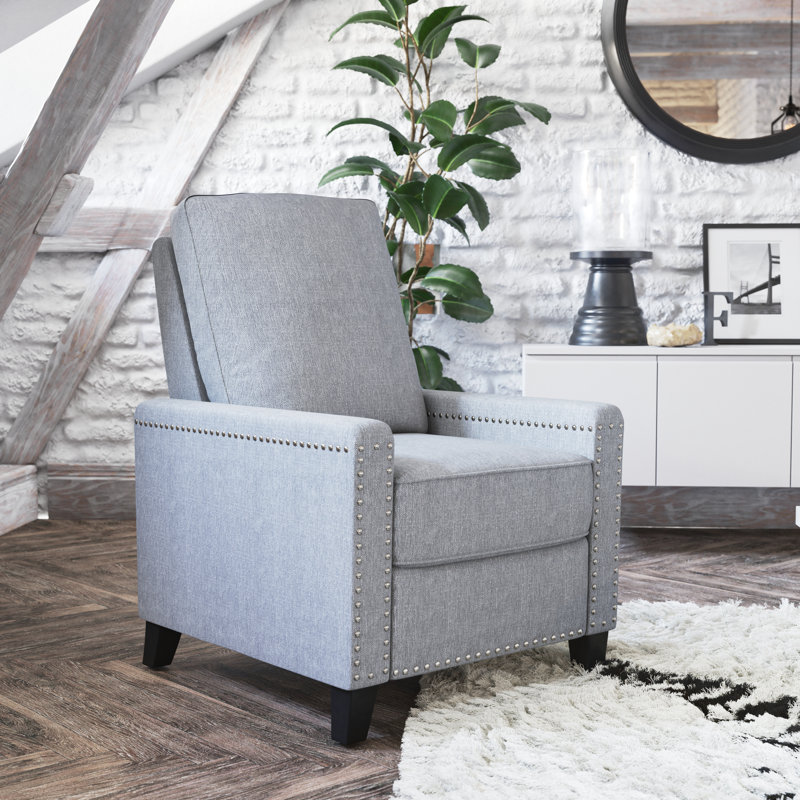 Suzie Push Back Recliner with Pillow Style Backrest and Accent Nail Trim, Light Gray 