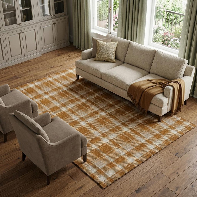 Tapis lavable écossais rouille et ivoire 10 pi x 14 pi avec protection UV