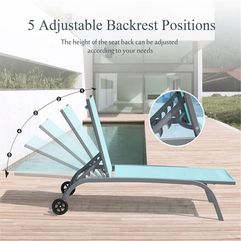 Ensemble de chaises longues pour l'extérieur, chaises longues pour l'extérieur avec roues, chaises longues pour l'extérieur à 5 positions réglables, chaises longues pour piscine, patio, plage, cour, terrasse, bord de piscine