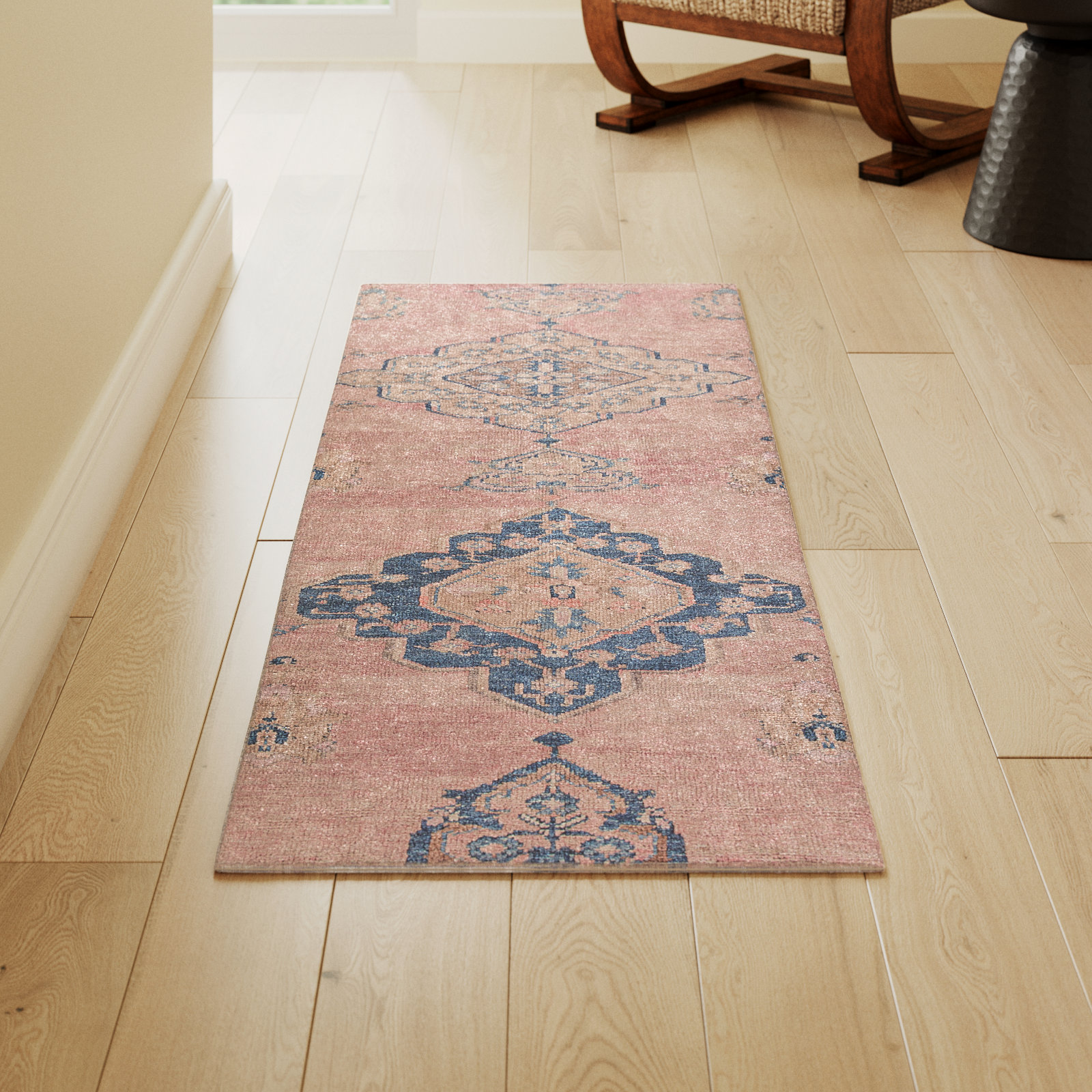 Machine Washable Pink/Blue Rug, Runner 2' x 6'