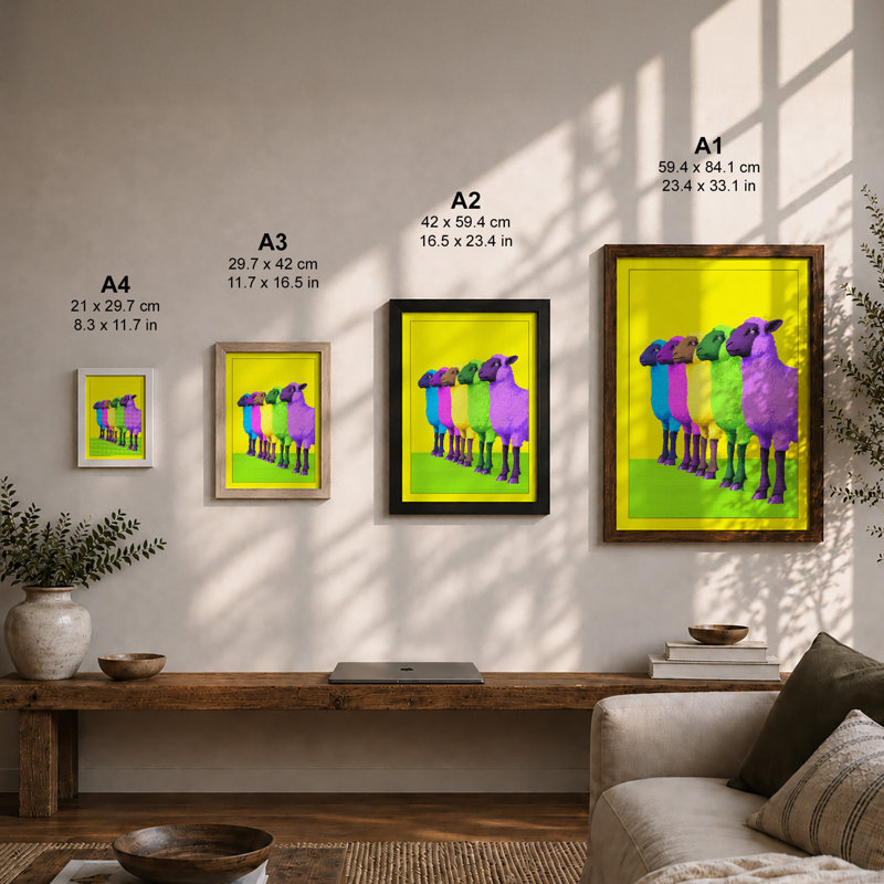 Rainbow Llama Trio Modern - Print, A4 - 29.7 x 21.0 cm, Walnut