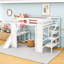 Lit mezzanine double en bois avec bureau, glissoire, tablettes et panier de basketball-1446063966