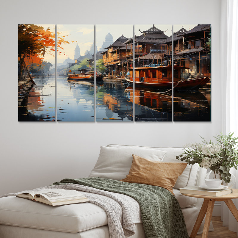 «Vietnam Floating Market Rhythms II», art mural du Vietnam, salon, 5 panneaux égaux