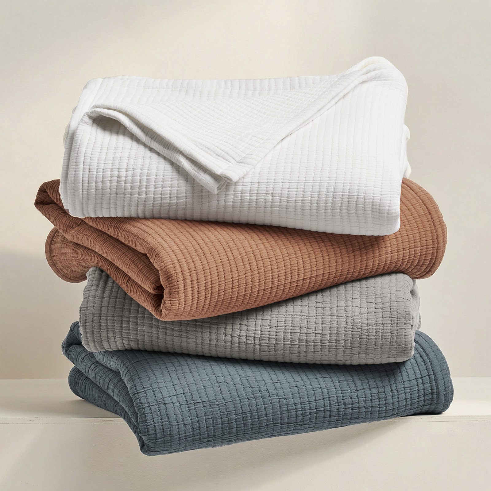 Solid Cotton Gauze Pick-stitch Matelesse Coverlet Bedspread set, King Quilt + 2 King Shams, Soft Oat