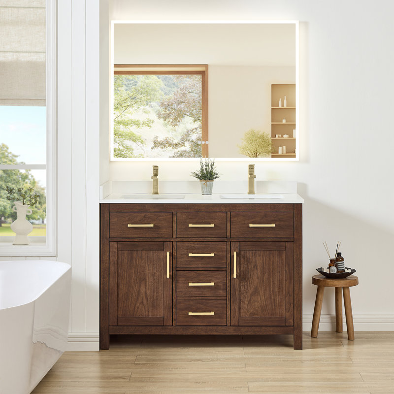 Beckett 48" Freestanding Double Bathroom Vanity with Quartz Top, White, Brushed Gold, White Quartz