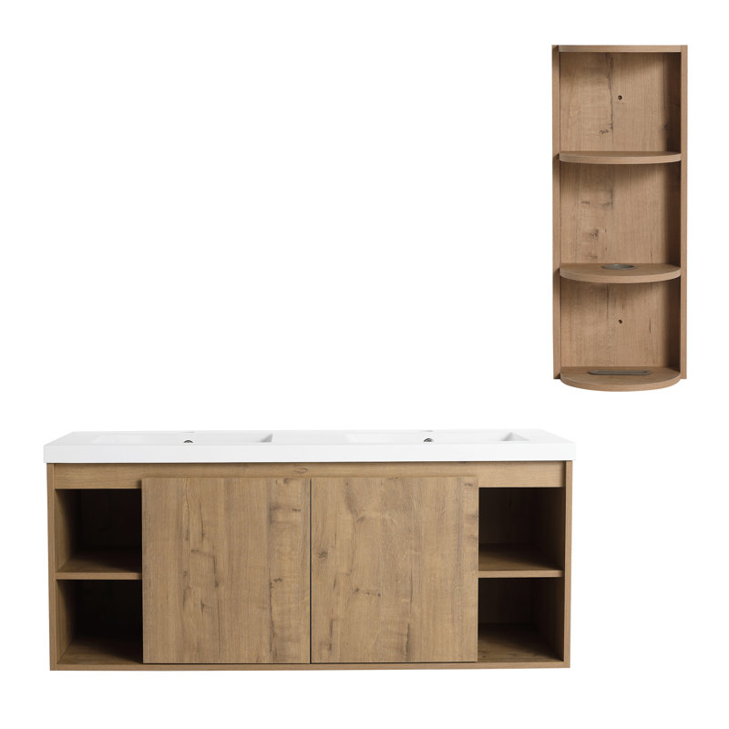 Meuble-lavabo mural 48 po avec double lavabo et support de rangement, portes à fermeture douce