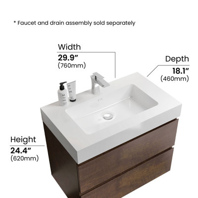 30 Inch Wall-Mounted Single Bathroom Vanity with Solid Surface Top with Overflow, Pre-Assembled