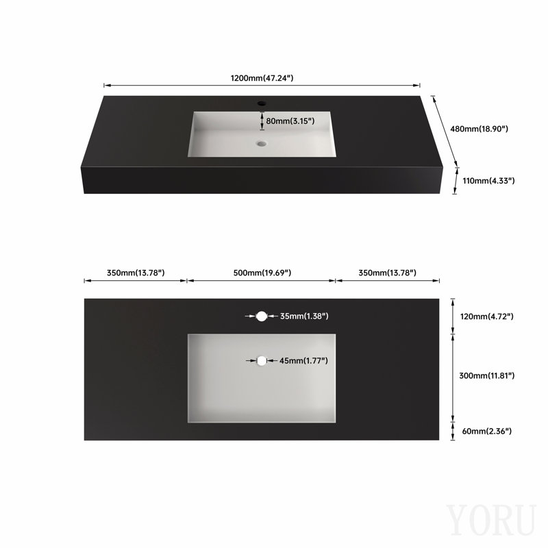 Bassin à surface solide blanc intérieur noir extérieur