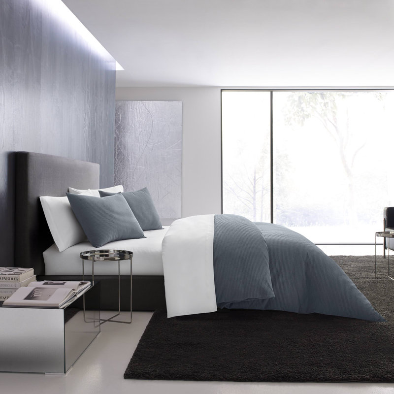 Vera Wang Waffle Pique Cotton Duvet Cover Set, Midnight Blue, King Duvet Cover + 2 King Shams
