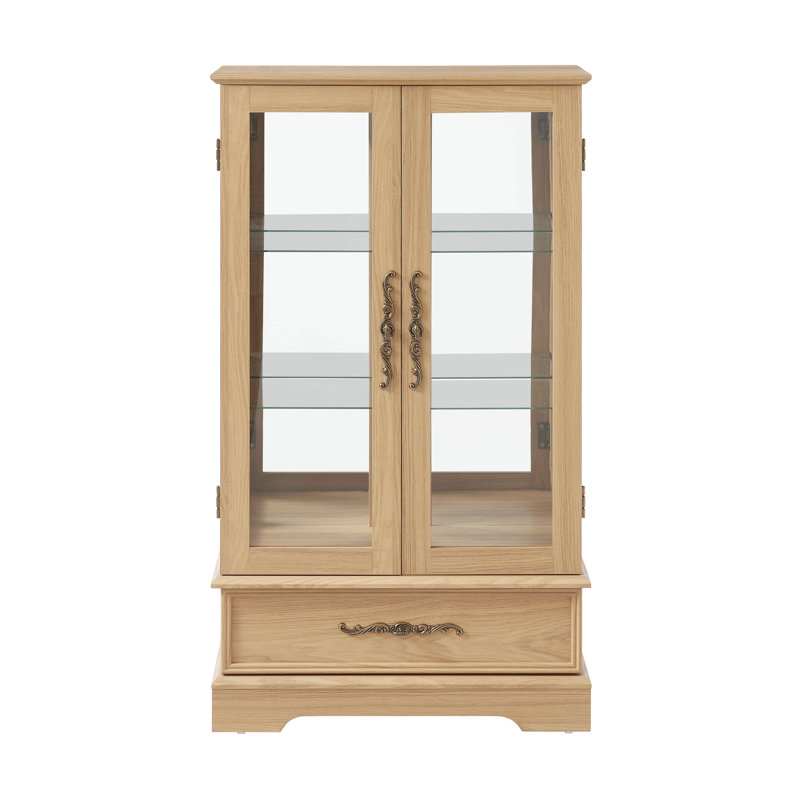 Vitrine vitrée éclairée avec tablettes réglables en verre 2 portes et 1 tiroir, Chêne clair